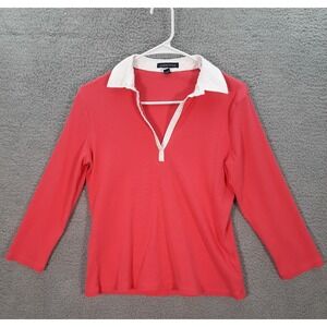 Lands End Shirt Womens Medium Pink White Ribbed V Neck Top Preppy Careerwear